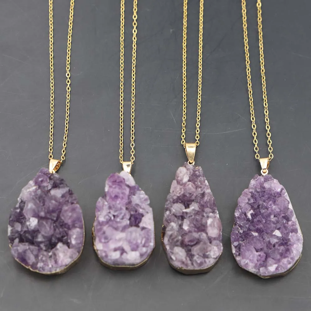 New Natural Stone Raw Ore Water Drop Amethyst Necklace Pendant Phnom Penh Crystal Charm DIY Jewelry Making Accessories gifts