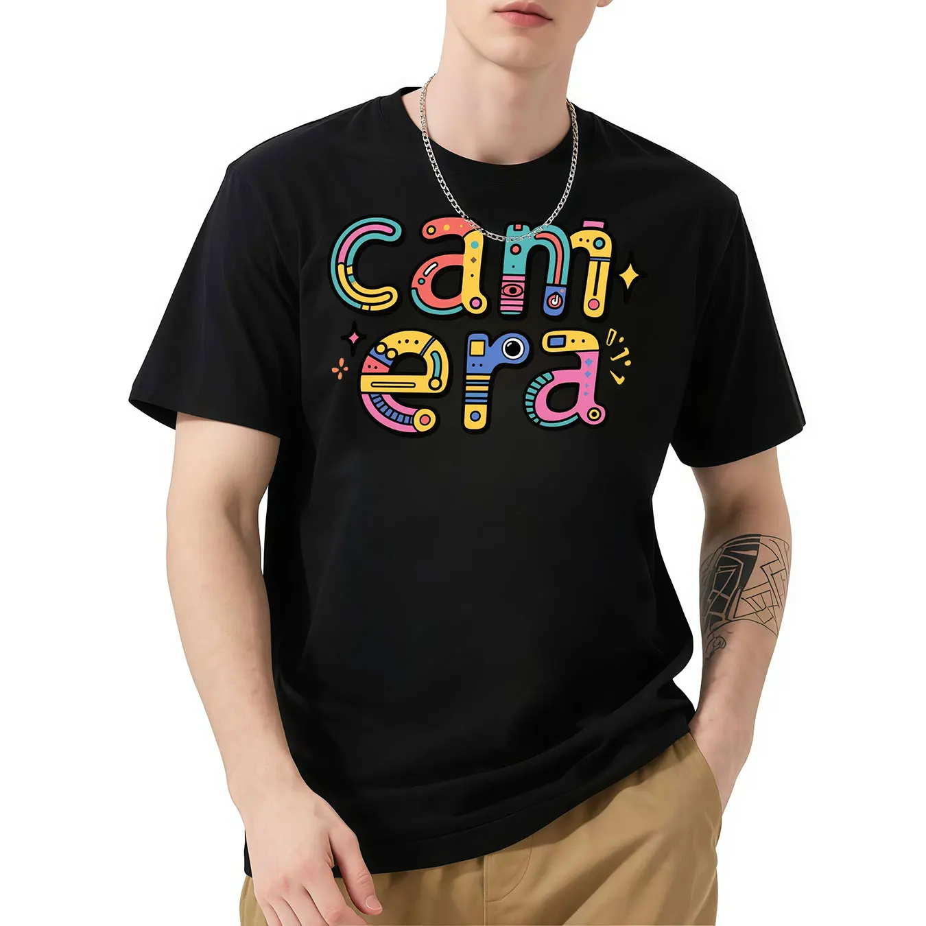 

Camera Graphic Short - Sleeve Tee, Colorful Camera - Inspired Print, Trendy and Fun, Great for Photography Fans
