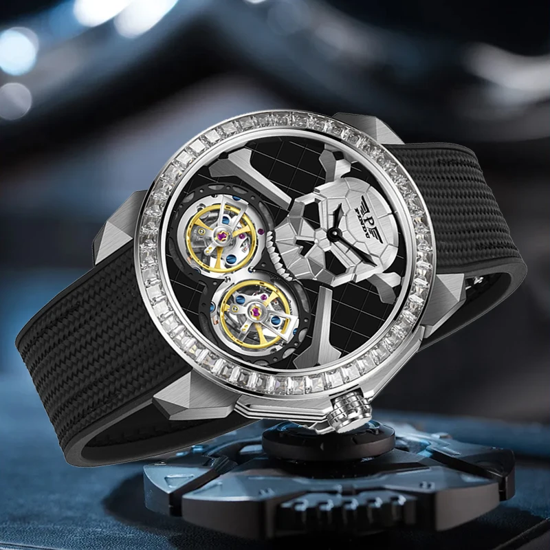 PINDU Watch New TOP Men Mechanical Watches Double Flywheel Automatic Movement Skull Halloween Waterproof Wristwatches Men
