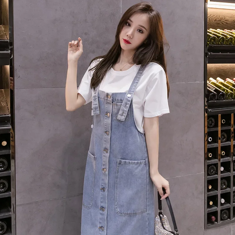 Button Design Long Denim Dress Women Adjustable Shoulder Strap Cowboy Sundress 2025 New Summer Practical Pocket Jean Casual Wear