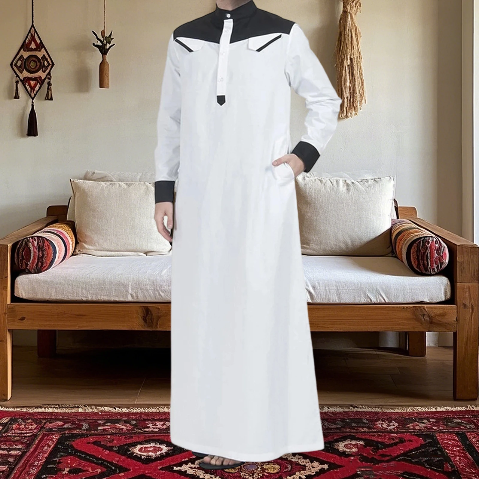 Arabic Robe for Men Fashionable Loose Long Sleeve Kaftan Casual Contrast Color Robe
