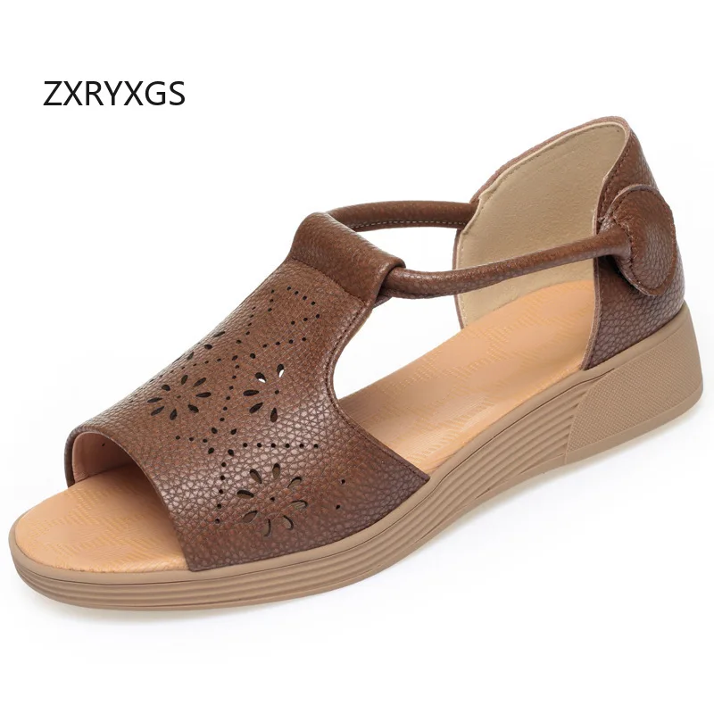 ZXRYXGS Promotion Real Leather Hollow Fish Mouth Sandals 2026 New Summer Women Sandals Flat Soft Sole Plus Size Roman Sandals