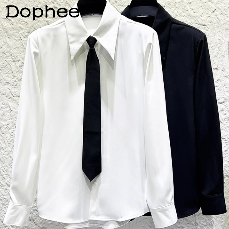 

2025 Men's New Fashion Long Sleeve Shirts Boys' Versatile Solid Color Design Tie Shirts Male Simple Lapel Classic Stylish Tops