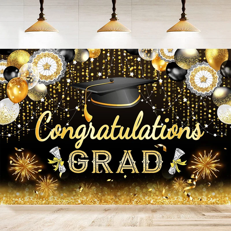 Photography Backdrop Black Gold Glitter Bokeh Graduation Party Congrats Grad Prom Party Cake Table Decoration Photo Background