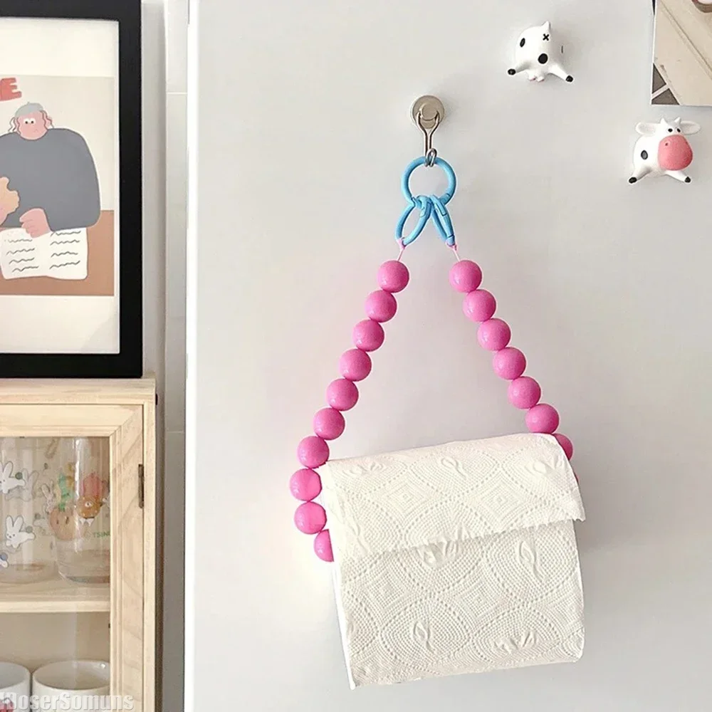 Pink Hanging Beaded Tissue Holder Toilet Paper Holder Phone Chain Multifunctional Storage Paper Box Home Decoration Accessories