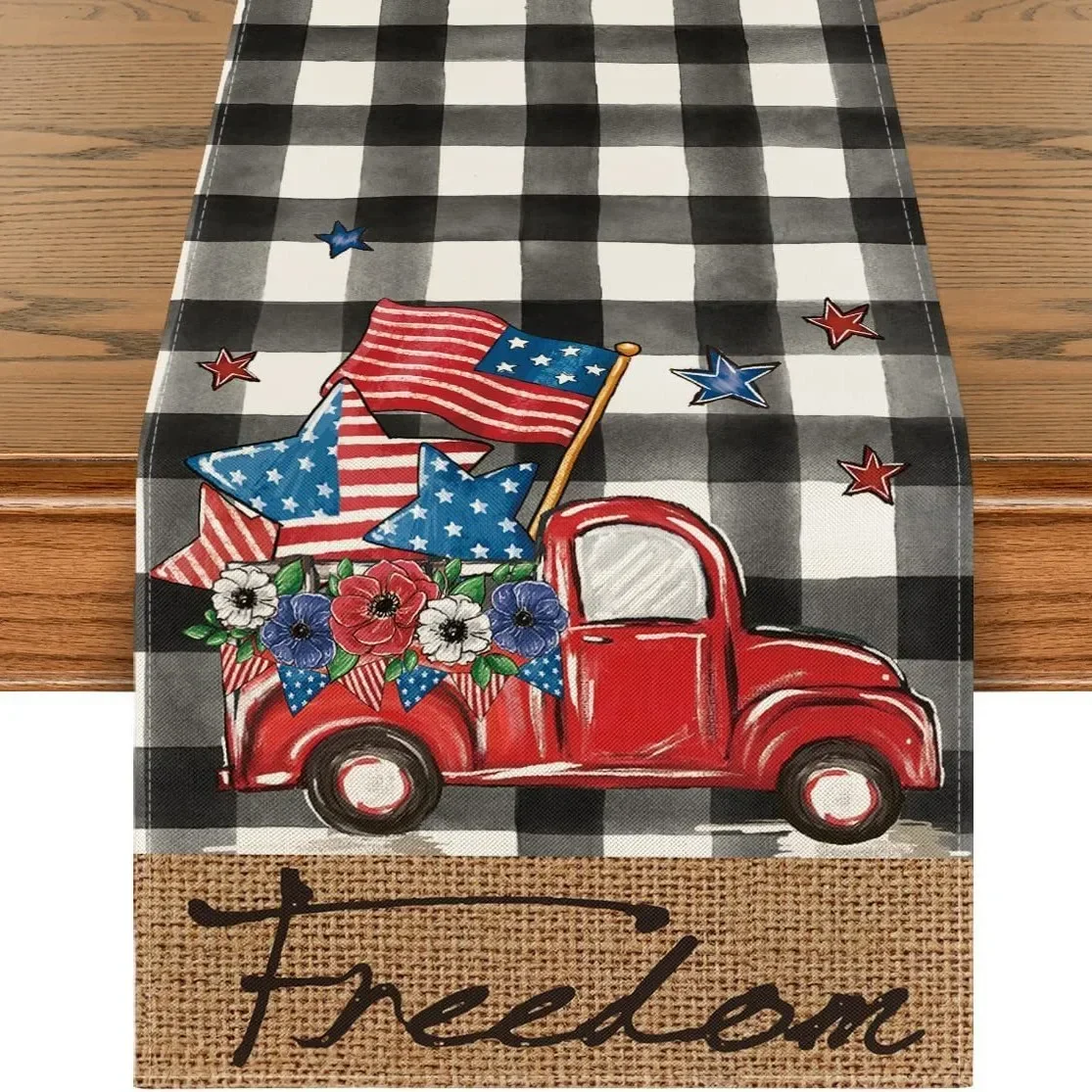 Patriotic Table Runner Three Gnomes Star Linen Tablecloth American Flag Independent Day 4th of July Kitchen Dining Decor Scarf