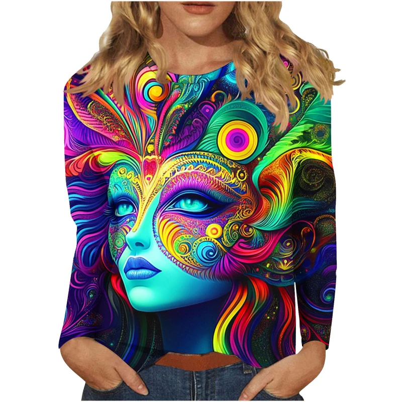 Mardi Gras Women Casual T-Shirts 3D Full Print Carnival Mask Party Clothes Pop Long Sleeve T Shirt Round Neck Oversized Tees Top