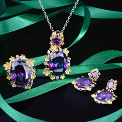 Top Quality Exquisite Purple Stone Silver Color Necklace Earrings Ring For Women Imitated Amethyst Wedding Banquet Jewelry Sets