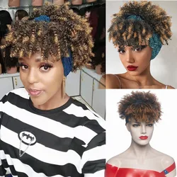 Short Afro Kinky Curly Headband Wig Synthetic Women Turban Wrap Hair Wig With Bangs Drawstring Elastic Scarf Daily Use Wigs