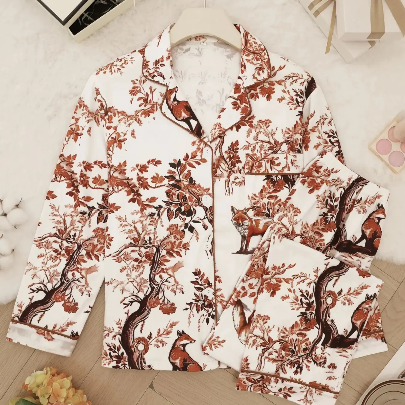 

Personalized forest animal print pajama set with long sleeves, lapels, cardigans, pants, trendy outerwear, two-piece set forhome