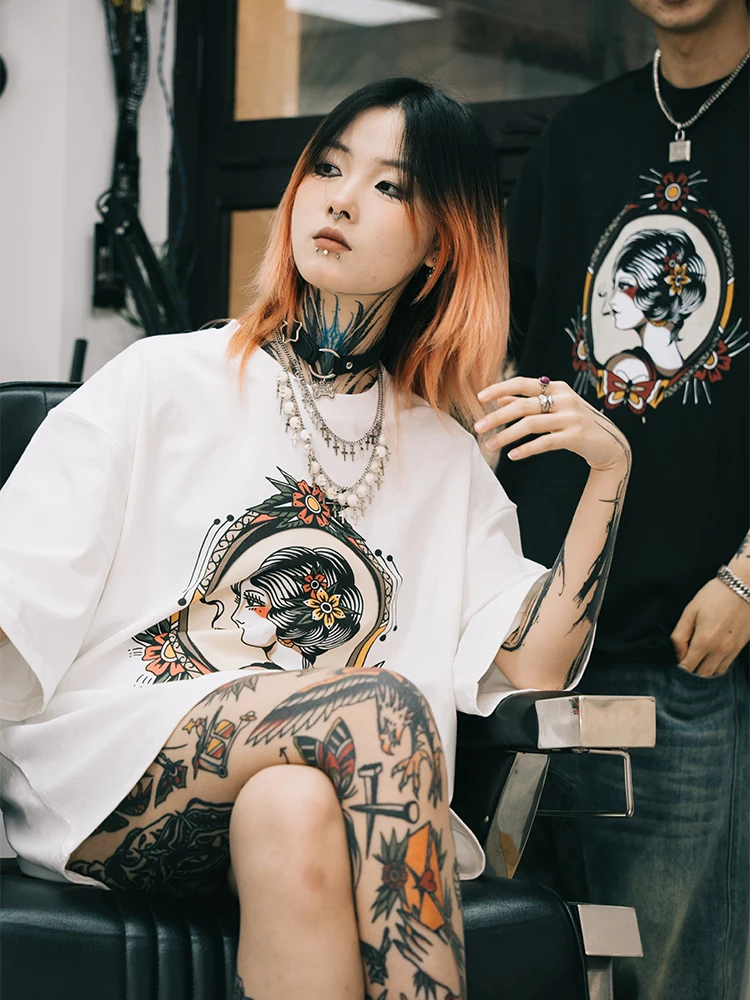 Vincent American Retro Tattoo Street Poster Girl Men's Short Sleeve T-shirt EKHLAS Double Head Swallow Casual Fashion Cotton