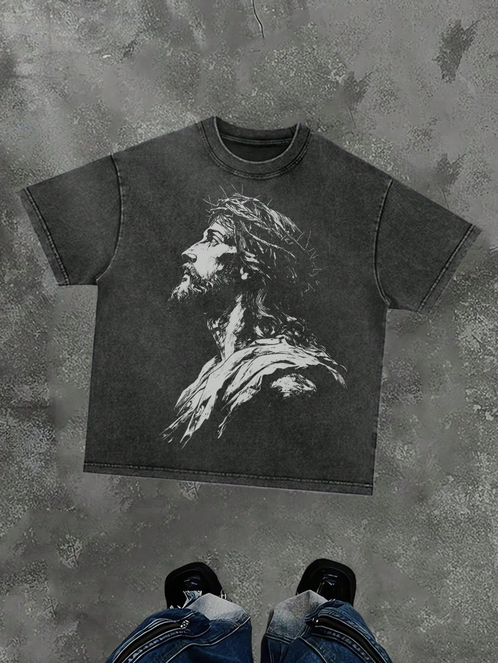 

Мужская футболка из стираного хлопка в стиле ретро, 230 г, уличная одежда с узором «Jesus Profile», футболка с рисунком Христианской одежды Y2K.