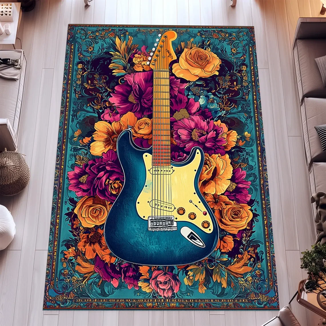 Vintage Guitar Area Rugs Washable Vintage Carpet for Dinning Room Living Room Bedroom Farmhouse Non Slip Mat
