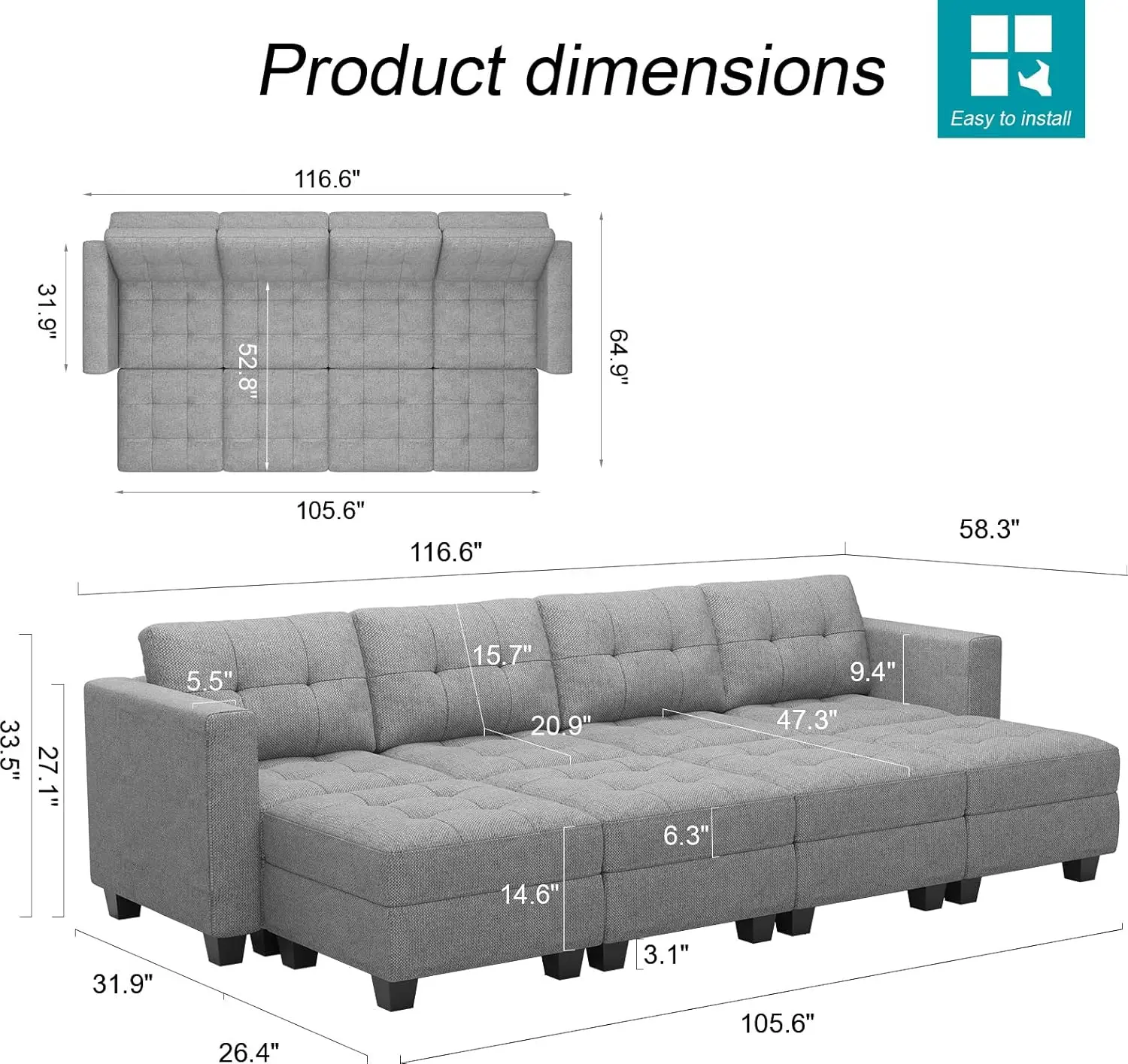 Storage Modular Sleeper Sofa Sectional Couch with Wide Chaises Convertible Sectional Sofa Bed Modular Sleeper Sectional Couch