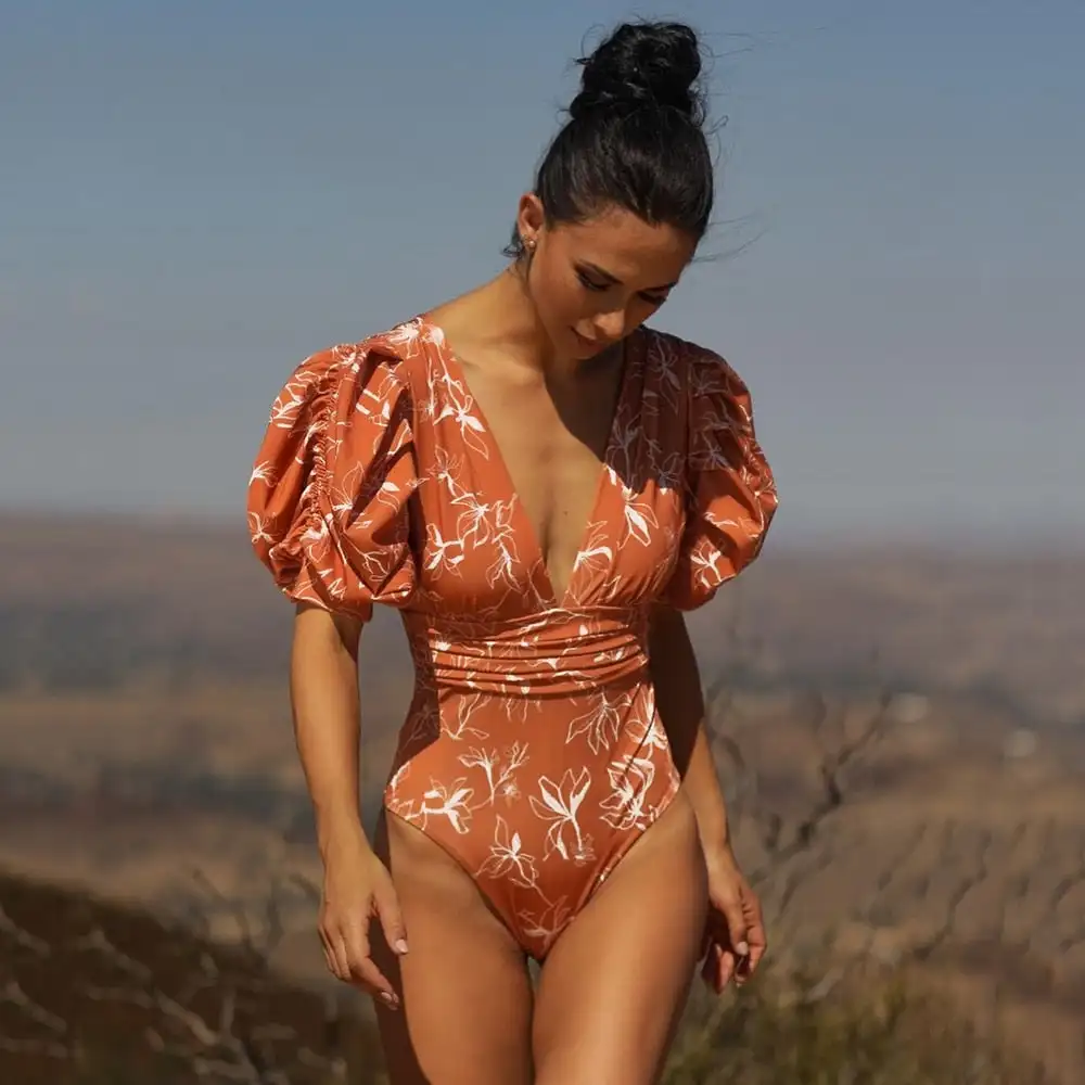 Badpakken Met Korte Pofmouwen Damesbadkleding V-Hals Strandbadpak Met Bloemenprint Strandkleding Rugloze Monokini 2023 Nieuw