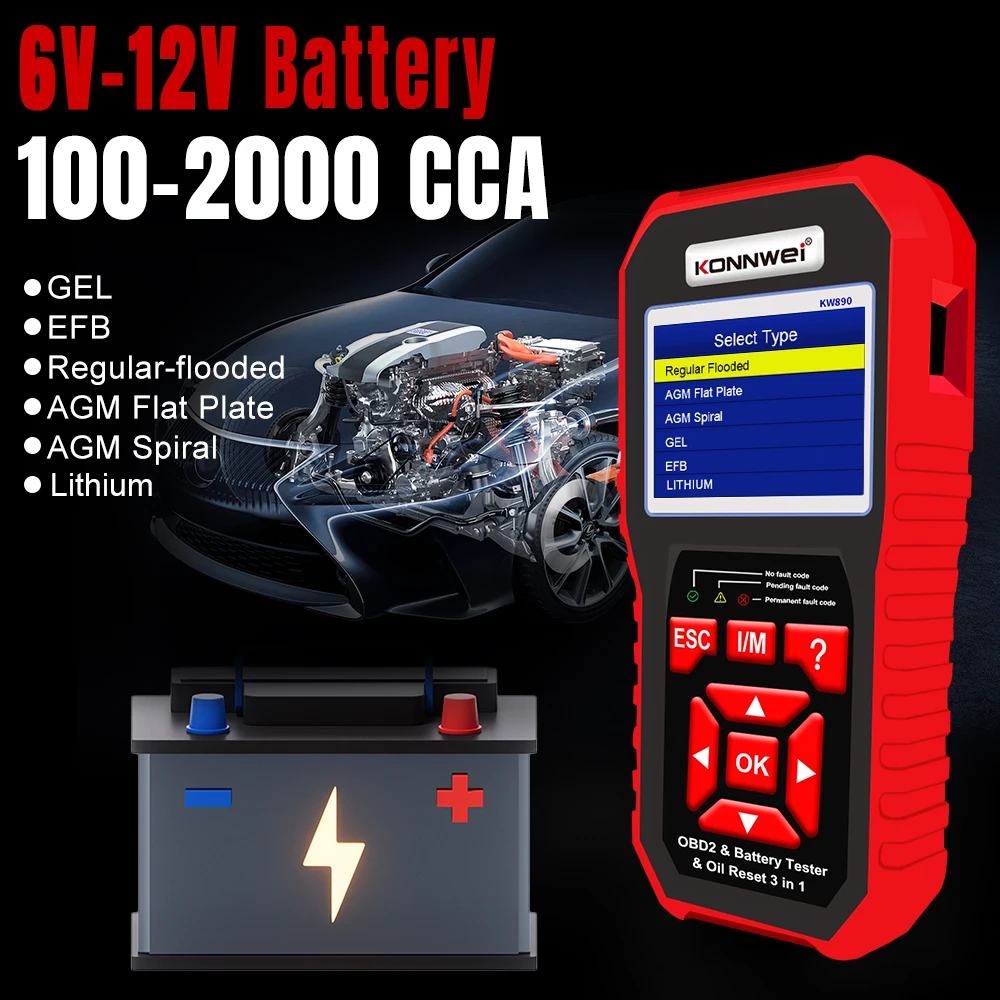 KONNWEI KW890 Obd2 الماسح الضوئي جهاز اختبار بطارية النفط إعادة تعيين أدوات التشخيص 3in1 محرك السيارة المهنية تحقق قارئ رمز السيارات