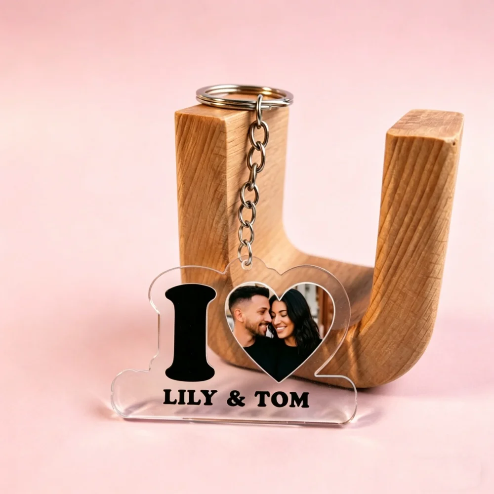 

Custom Heart Shape Photo Text Name Pendant Keychain Transparent Acrylic Plate Couples Picture Names Personalized Keychain Ring
