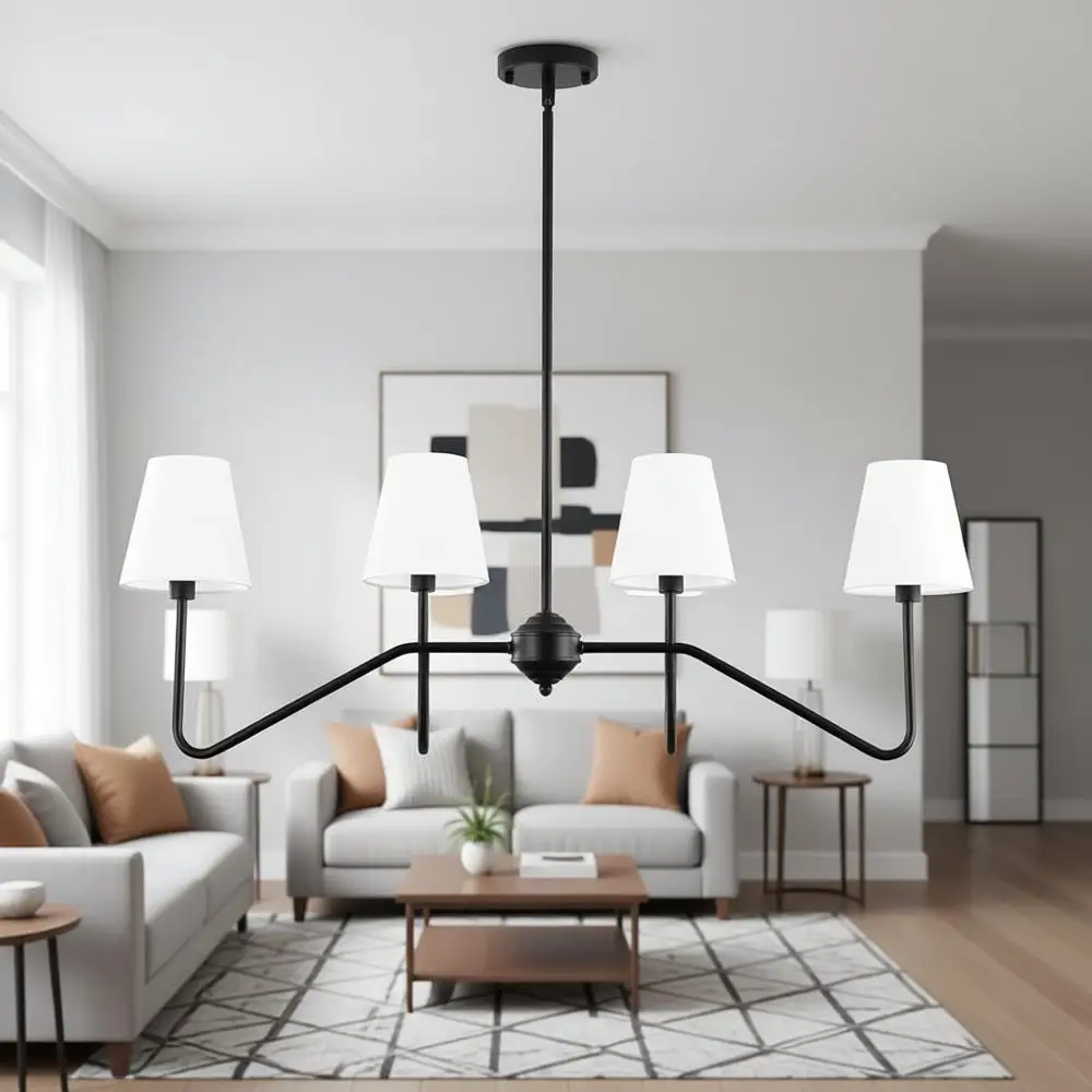 

39 4-Arm Kitchen Island Pendant Light, 4-Light Dining Chandelier, Black with Fabric Shade, Suitable for Hallway, Entryway, Livin