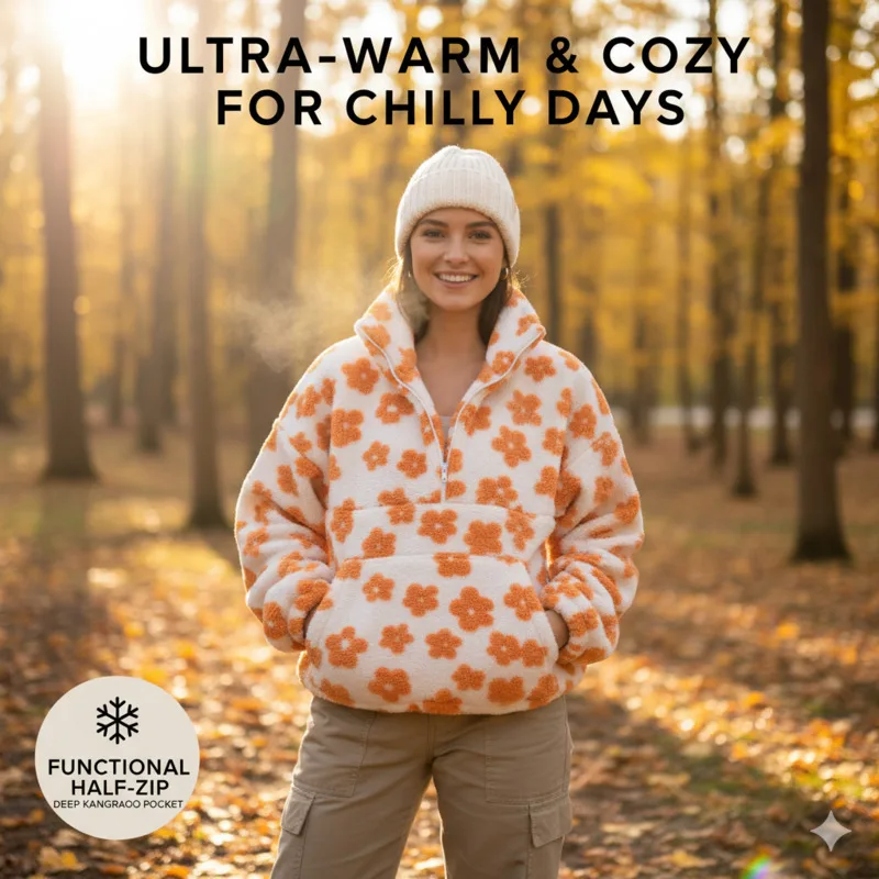 

Women's Floral Print Fleece Hooded Pullover Half Zip Front Loose Fit Warm Sweatshirt Casual Winter Hoodie Streetwear Fashionable