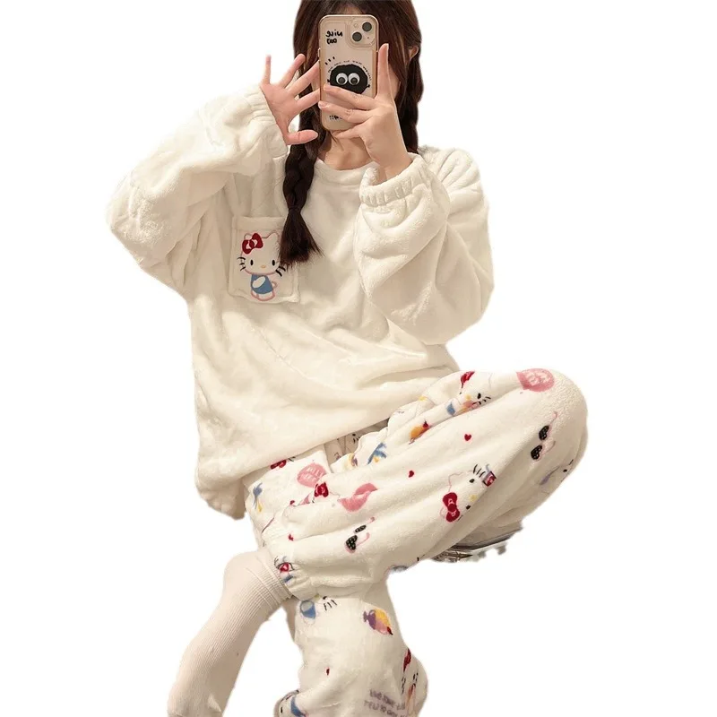 كارتون سانريو مرحبا كيتي منامة Kawaii الفانيلا البلوز المرجان المخملية الشتاء الدافئة منامة دعوى Homewear فتاة الهدايا لعبة