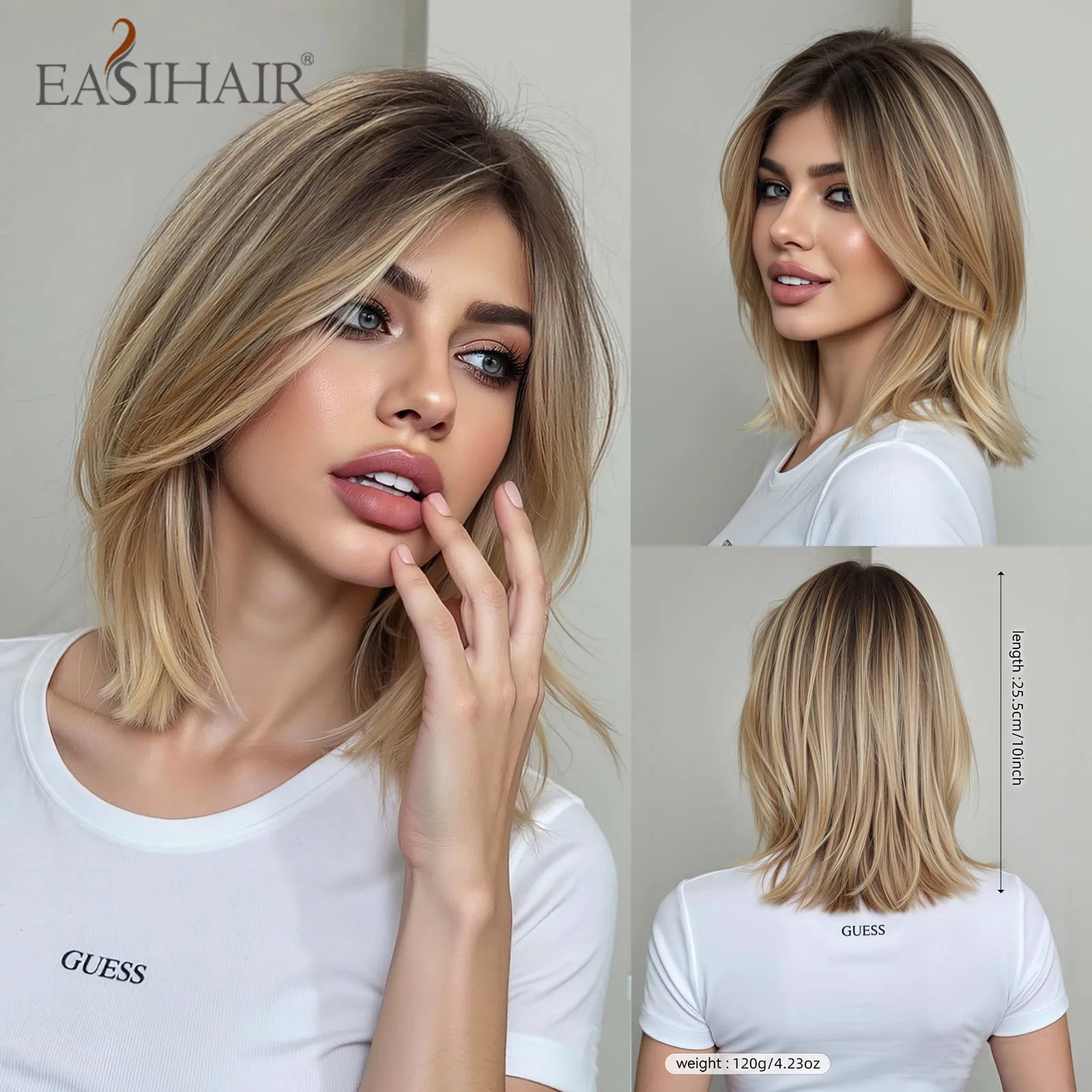 EASIHAIR Ombre Brown Short Straight Bob Synthetic Wigs Brown Blonde Highlight Hair Wigs for Women Lolita Daily Use Natural Hair