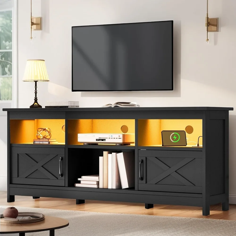 

LED Light TV Stand, Entertainment Center with Storage Cabinets, Power Outlet, Media TV Console with Barn Doors for Living Room