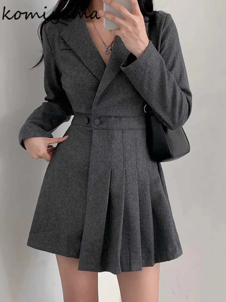 Side Button Pleated Women Clothing Suit Collar Rompers Long Sleeve Playsuits Korean Chic Ropa Mujer Autumn Winter Playsuits