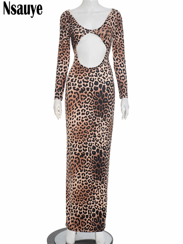 Nsauye كم طويل ليوبارد عالية الخصر التفاف مثير فستان الحفلات المسائية النادي الليلي الجوف خارج Y2K موضة الشتاء فستان أنيق 2025 #5