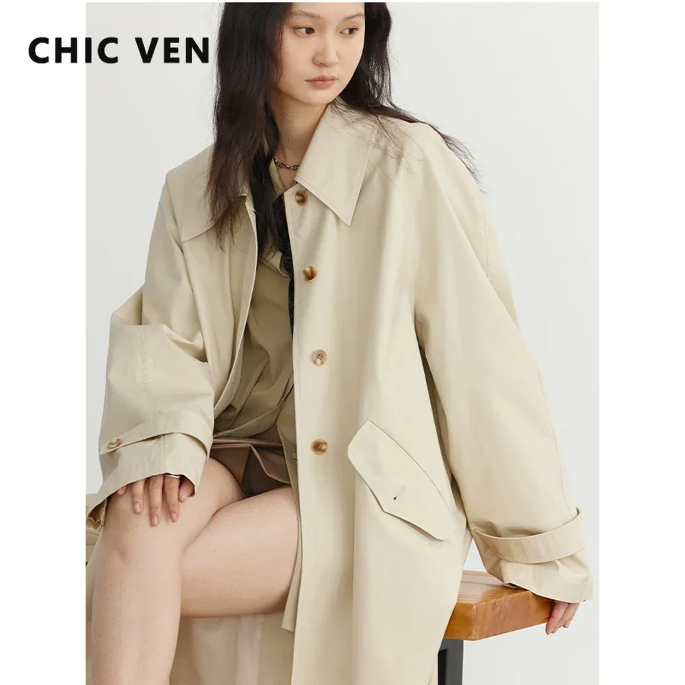 CHIC VEN Women's Long Trench Coat Casual Loose Ladies Outerwear Single Breasted Female Windbreaker Spring Autumn 2024