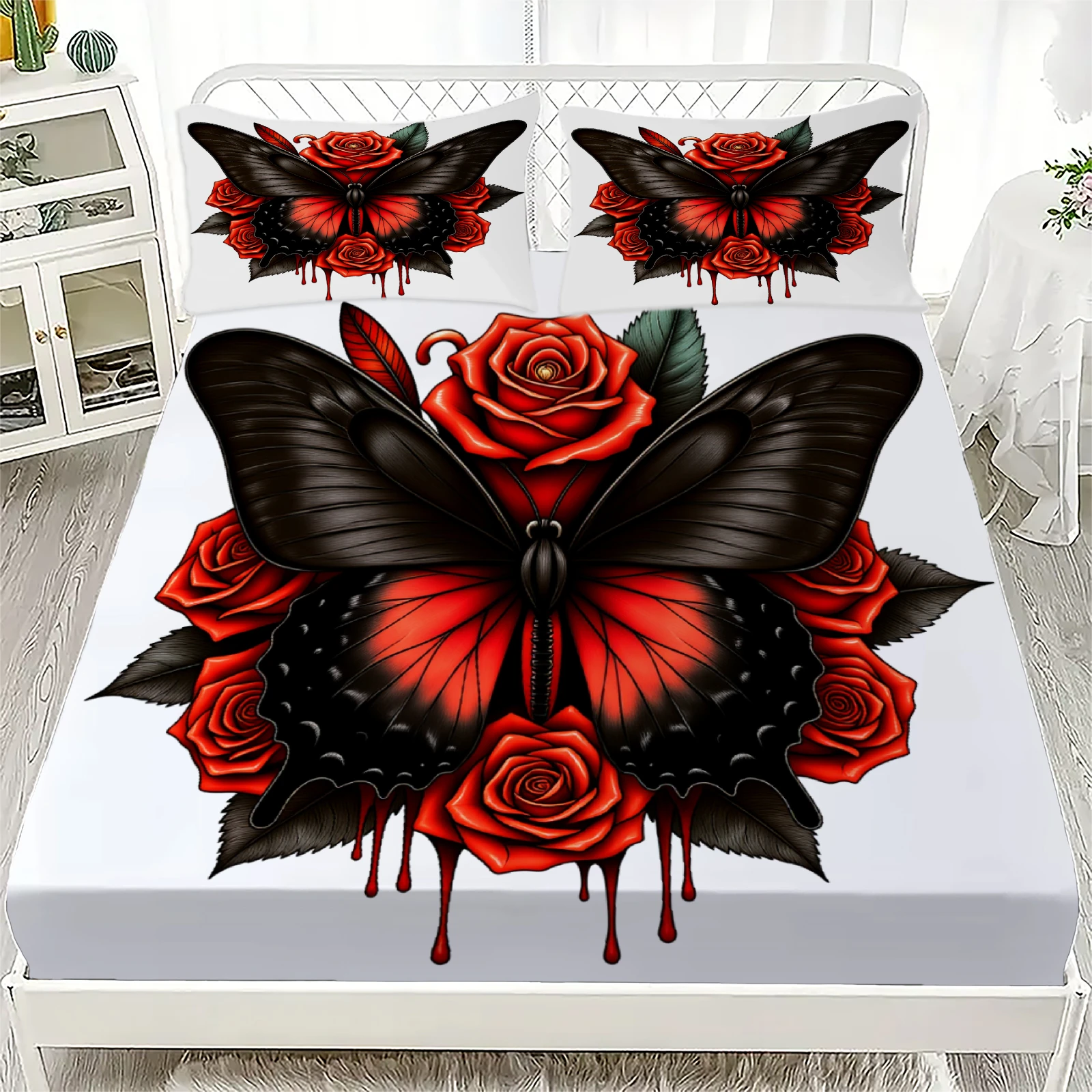 

3pcs Fitted Sheet Set Butterfly And Rose 3D Printed Red Flower Pattern Bed Sheet With Pillowcases For Bedroom Decor