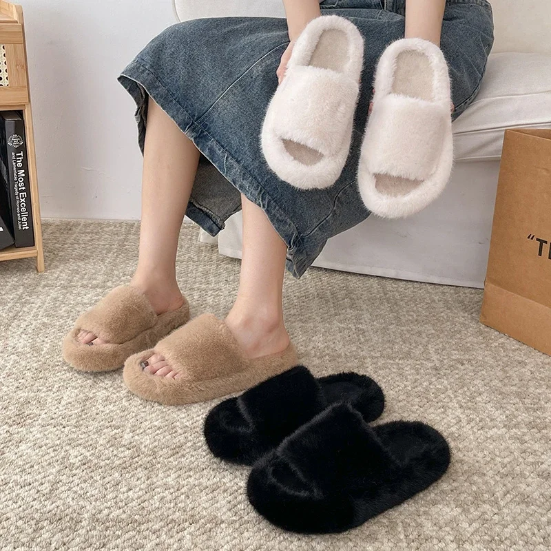 Home Slippers Women\'s Platform Shoes Female Lady Fur Flip Flops Slides 2024 Soft Plush Cotton Indoor Winter Flats