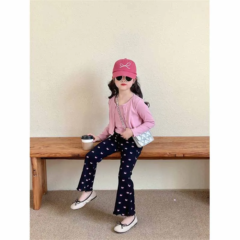 Girls Spring Sets Children\'s Undershirt Suit Baby Round Neck Tops Bow Tie Pants 3Pcs Autumn New Cute Casual Sportswear 2-8Y