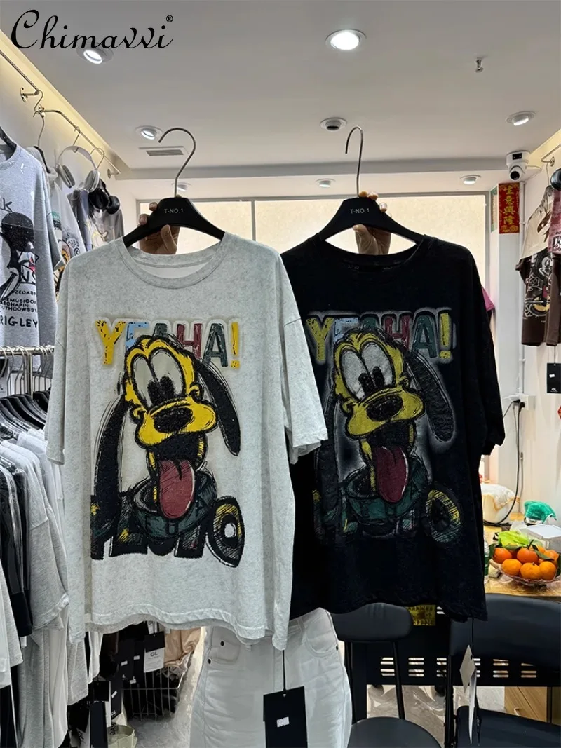 

European Goods Heavy Industry Sewing Beads Embroidery Cartoon Medium and Long Loose Summer T-shirt Short Sleeve For Women