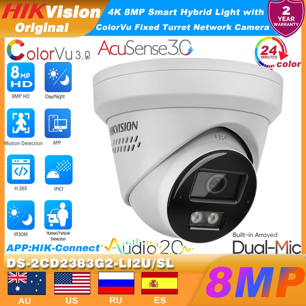 كاميرا Hikvision DS-2CD2383G2-LI2U/SL 4K 8MP IP كاميرا ذكية هجينة خفيفة وميكروفون مكبر صوت برج Acusense تحذير الضوء الأحمر والأزرق #1