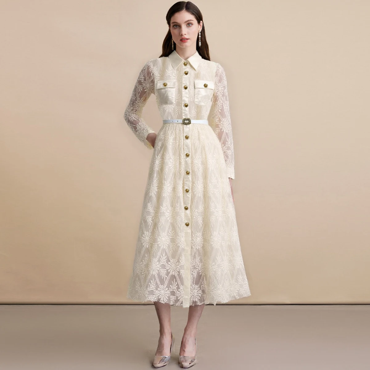 

Elegance Lace Embroidery Dress Women Single-Breasted Polo Collar Dress Waist-Cinching Slim-Fitting Comes with Belt Lady Clothes