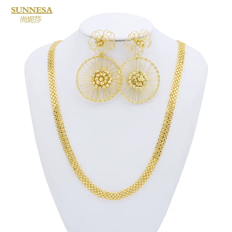 SunnESA-Conjunto de Jóias Banhado a Cobre para Mulheres, Brincos Africanos, Colar Dourado, Corrente Longa, Presente de Festa Luxo, 60cm