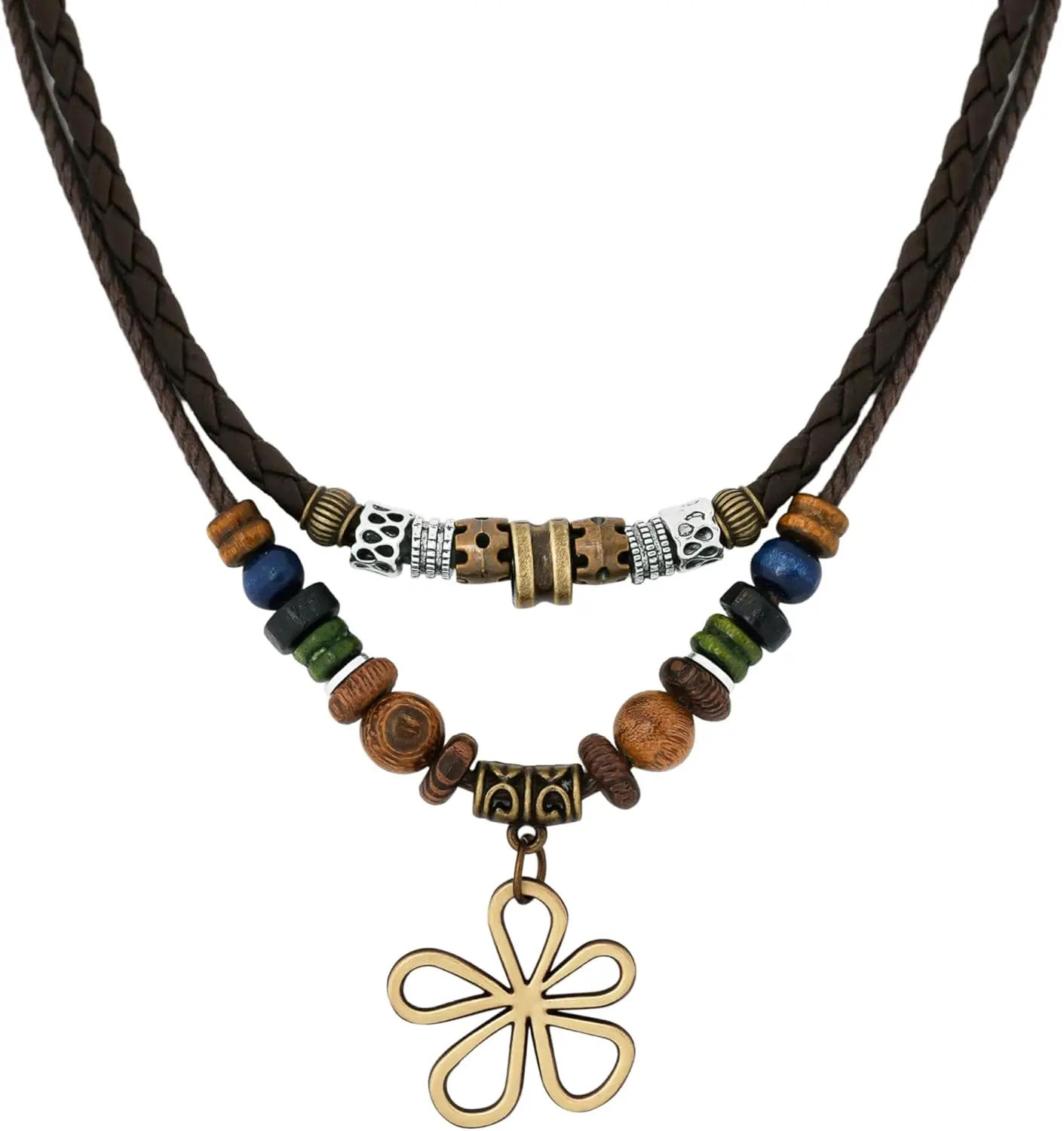 

Layered Wood Bead Boho Choker with Hollow Flower Charm for All Genders