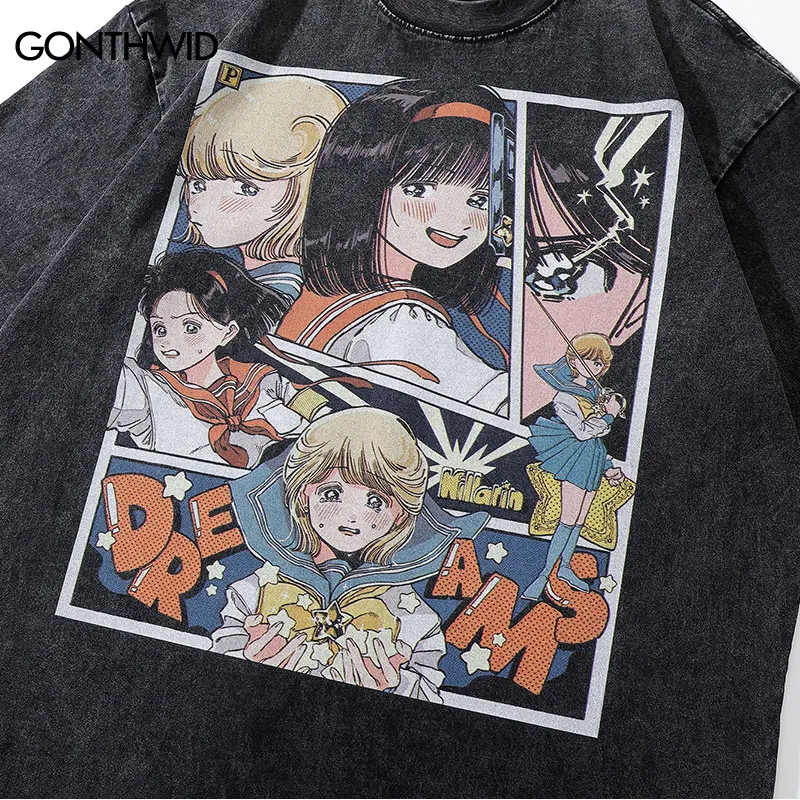 Harajuku Vintage Tshirt Streetwear Japanese Anime Cartoon Girl Print Washed Short Sleeve T-Shirt 2023 Men Casual Loose Tee Tops