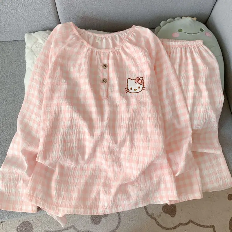 

Новинка: Комплект для дома Sanrio Hello Kitty — хлопковая пижама с длинным рукавом и брюками, милый мультяшный дизайн, женская ночная рубашка, осенняя домашняя одежда для студентов