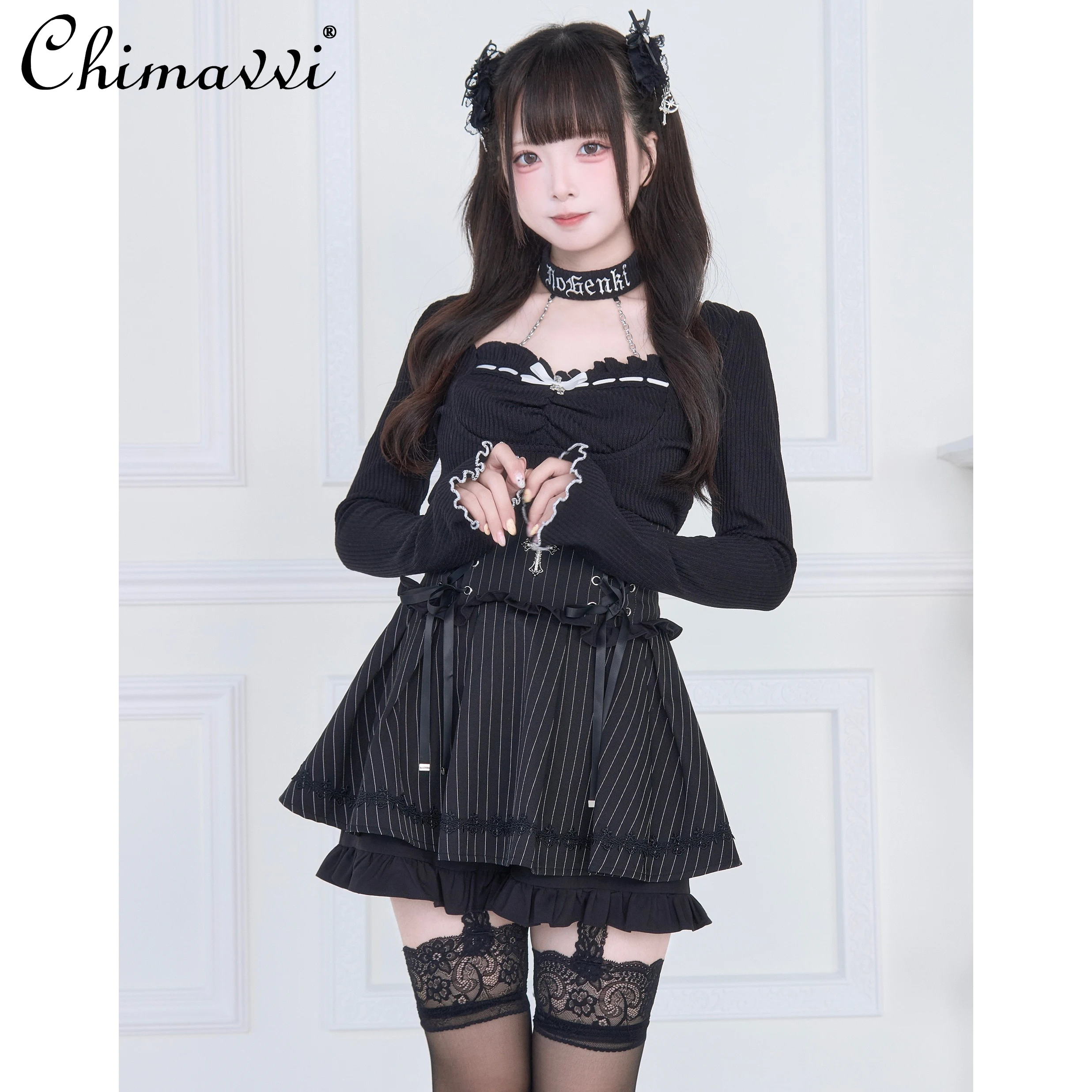 Оригинальный японский комплект Mine Series Subculture с кружевным воротником, облегающий топ с длинными рукавами и юбкой с высокой талией, комплект Subculture Lolita, комплект из 2 предметов