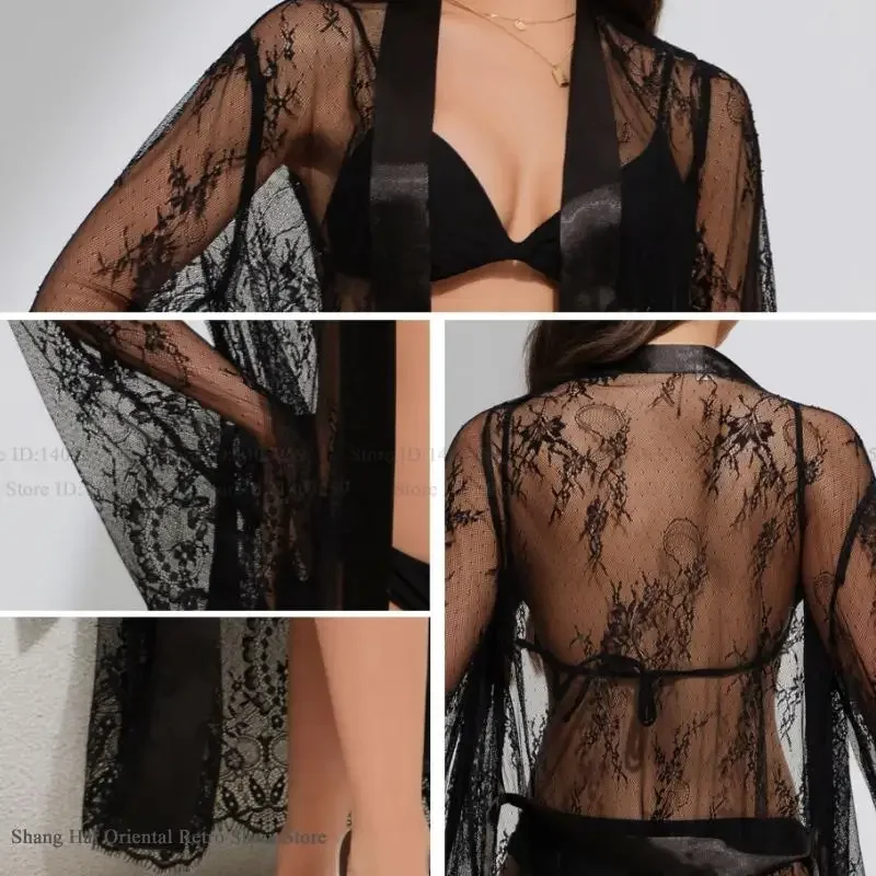 Perspective Lace Female Long Robe Kimono Gown Bathrobe Temptation Sexy Intimate Lingerie Elegant Home Dress Negligee Loungewear