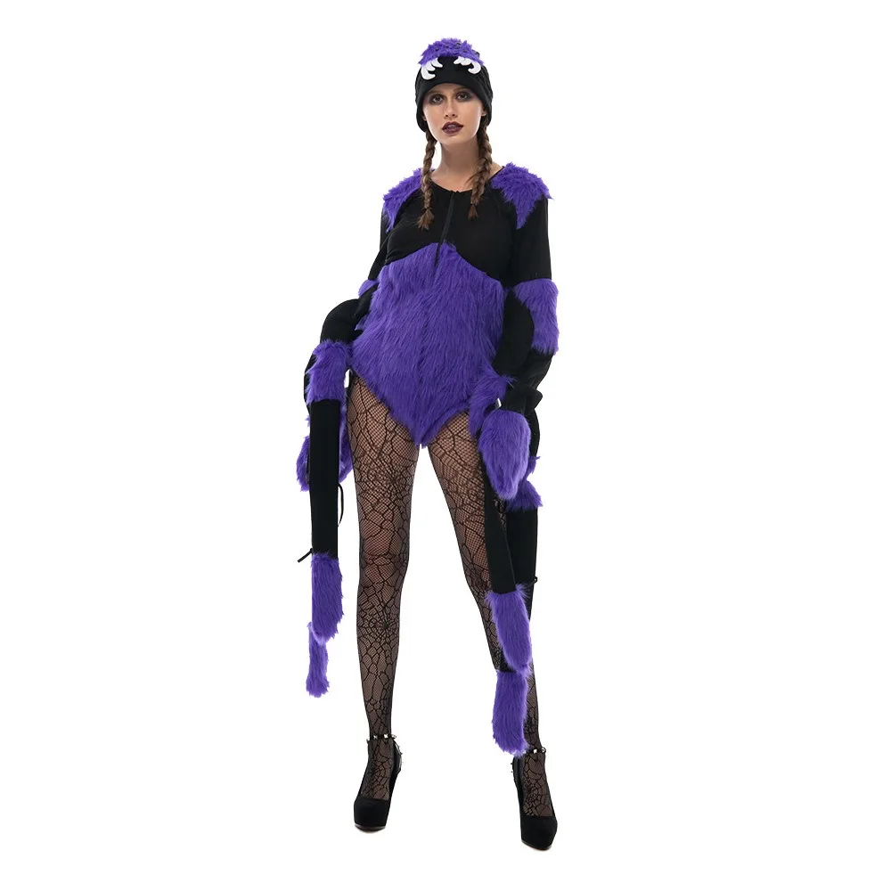 Halloween Lila Knotenfüßiger Spinnen-Insekten-Horror-Kostüm Flauschiger Tier-Reißverschluss-Bodysuit für Bar-Party, Bühnenauftritt, Cosplay-Requisite – Detail 5