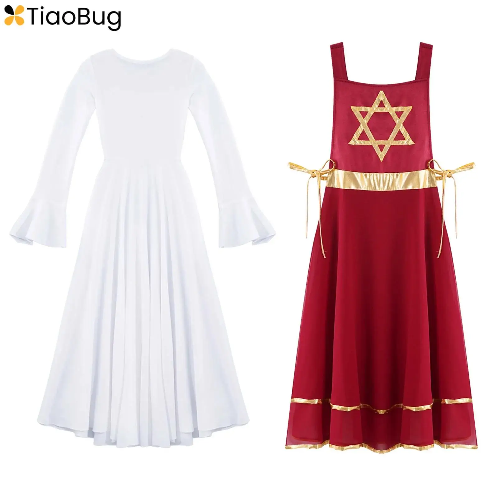 

Kids Girls Liturgical Praise Dance Clothes Long Sleeve Ruffle Cuffs Long Dress+Lace-Up Sides Split Sleeveless Tunic Overall Sets