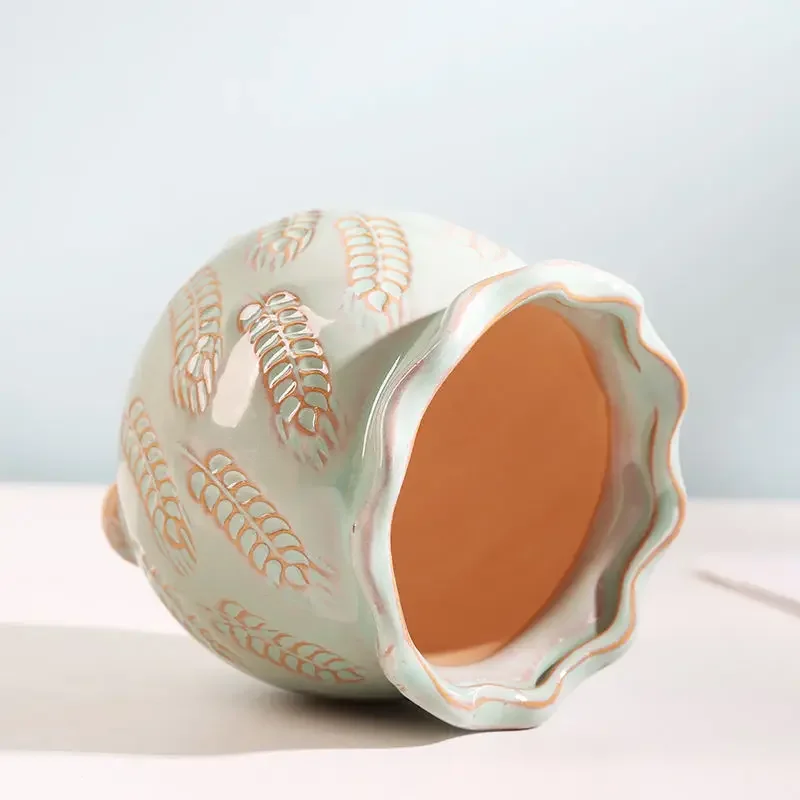 Chinese Lace Relief Ceramic Flowerpot,Simple Painted Breathable Succulent plant pots,Creative Floral