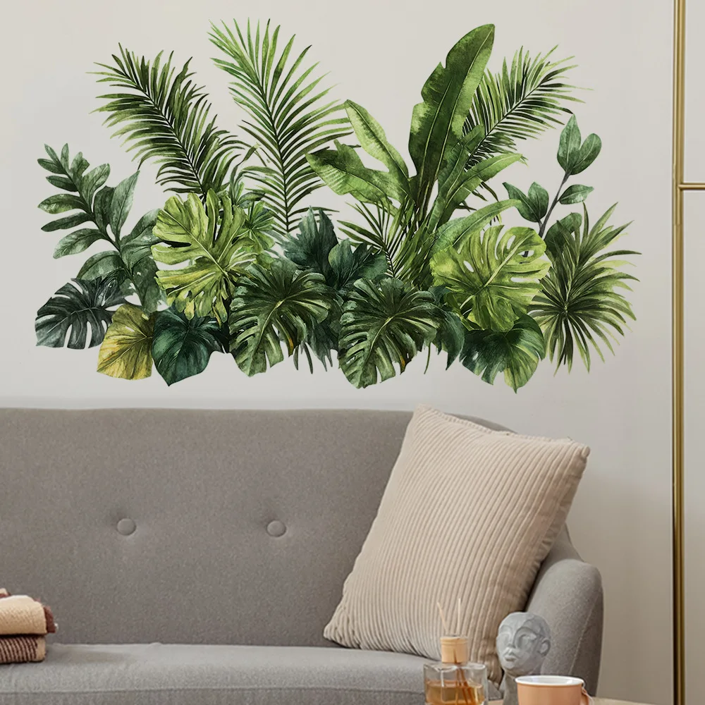 Watercolor Tropical Green Plants Wall Stickers, Removable Monstera Palm Leaf Decals, Peel and Stick Decor for Living Room view 4
