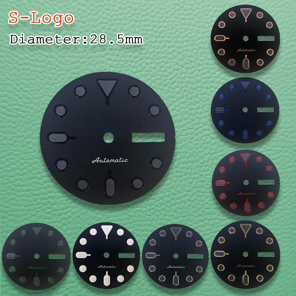 28.5mm S Logo NH36 Dial SKX007 Dial Suitable For NH36/4R Movement Green Luminou Dual Calendar Watch Modification Accessories ﻿