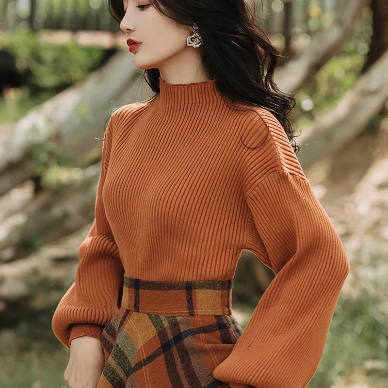 Women\'s Spring Autumn Vintage Plaid Long Skirts Sweater Two-Piece Set French Lady Graceful Knit Pullover High Waist Skirt Outfit