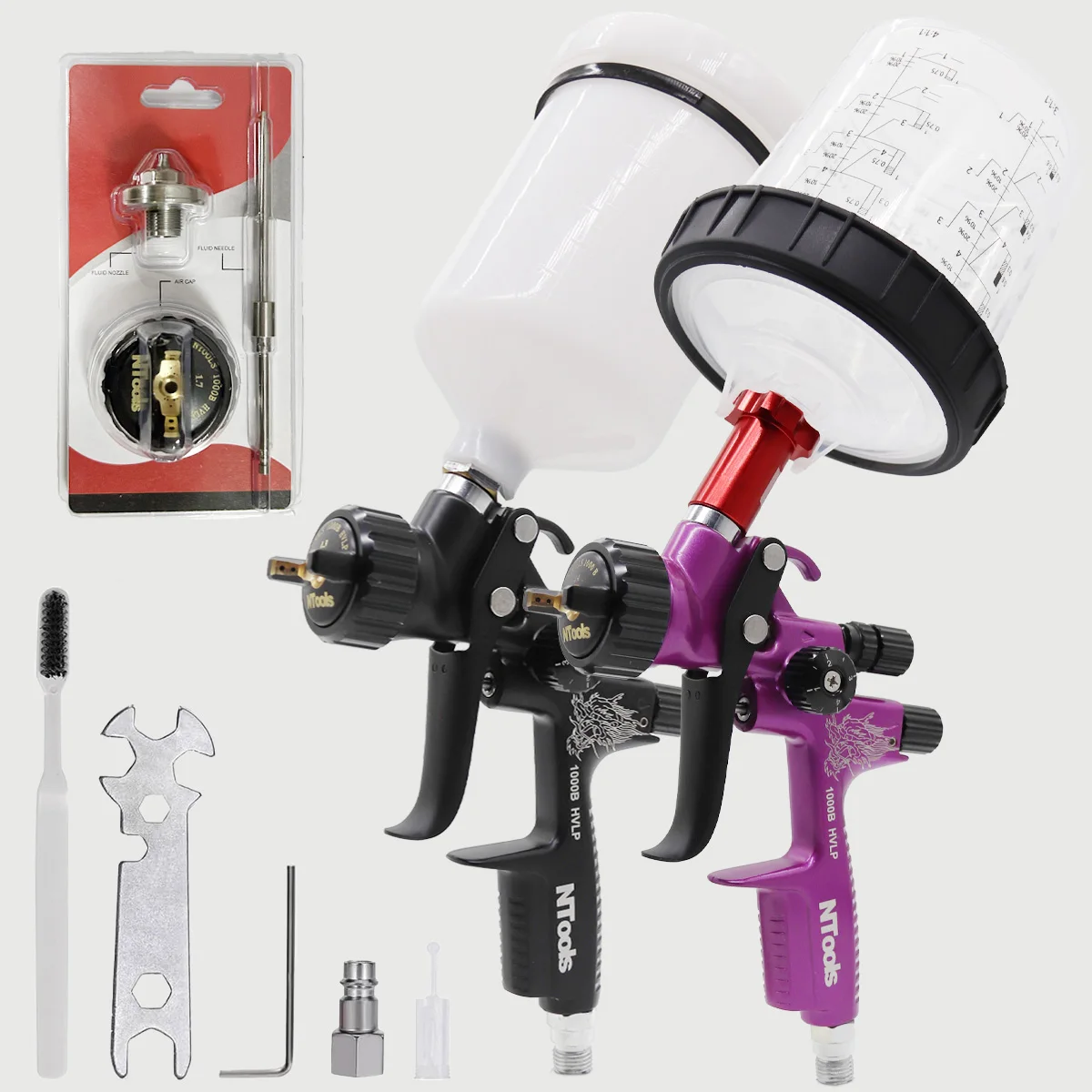 Pistola a spruzzo per vernice da 1,3 mm e doppia pistola a spruzzo Hvlp da 1,4 mm con adattatore e serbatoio misto per riparazione auto per verniciare spruzzatore d'aria a base d'acqua