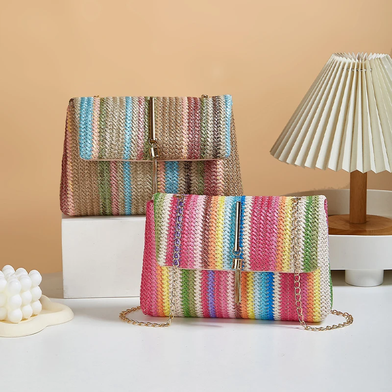 

Chic Rainbow Stripe Straw Crossbody Bag for Women Adjustable Shoulder Strap Magnetic Closure Tassel Accent, Fashion Square Purse