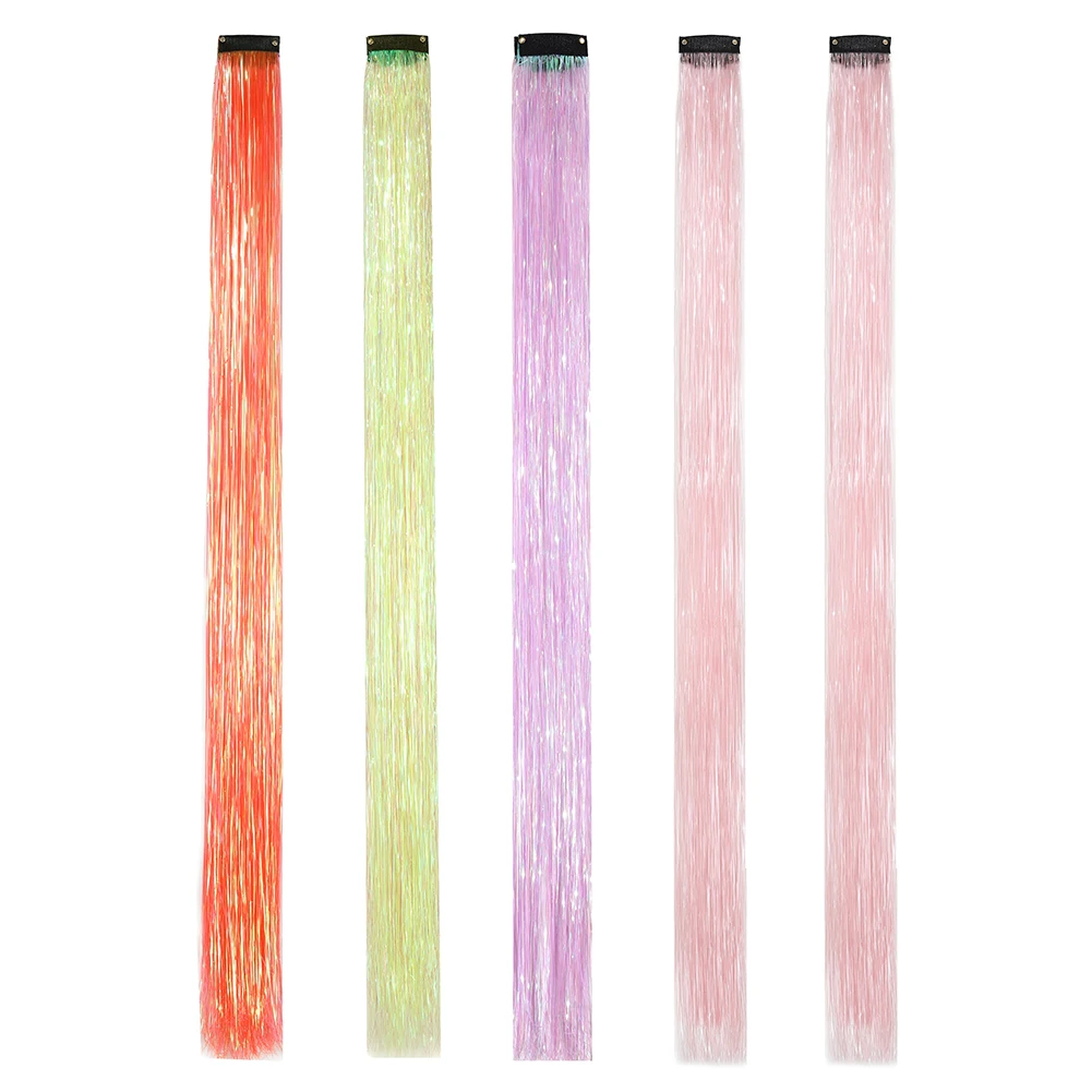 Clip in Hair Tinsel Synthetic 5Pcs/Pack Colorfull Tinsel Hair Extensions 22 Inch for Women Girls Party Christmas New Year Gift